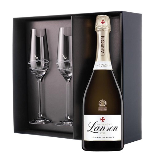 Lanson Le Blanc de Blancs Champagne 75cl And Flutes In Pine Wooden Gift Box